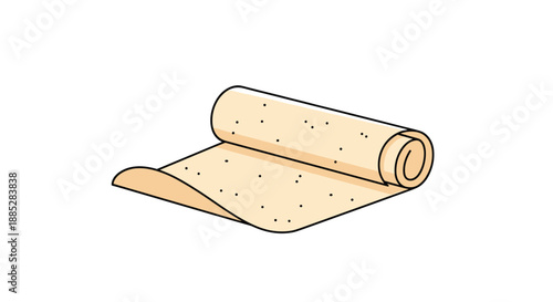 Hand-drawn illustration of a light-colored rolled-up mat or ancient scroll with small speckles isolated on a plain white background for design.