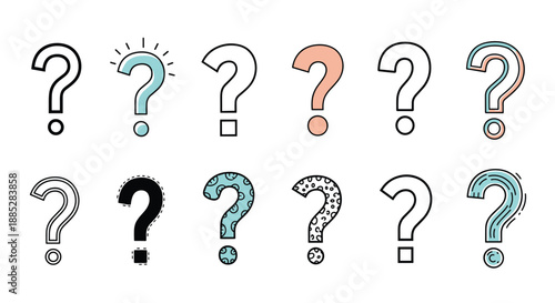 Diverse collection of twelve hand-drawn question marks in various artistic styles, patterns, and colors to represent uncertainty or inquiry.