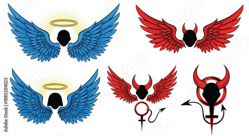 Set of symbolic illustrations representing angel and devil concepts with wings, halos, horns, and gender symbols for good versus evil themes.