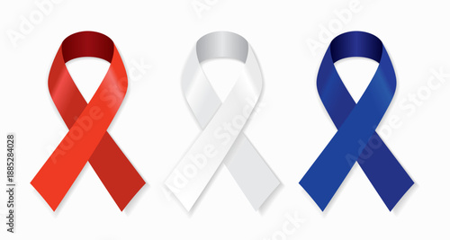 Three awareness ribbons red, white, blue symbolizing support, solidarity, and advocacy for various global health and social causes. Vector illustration.