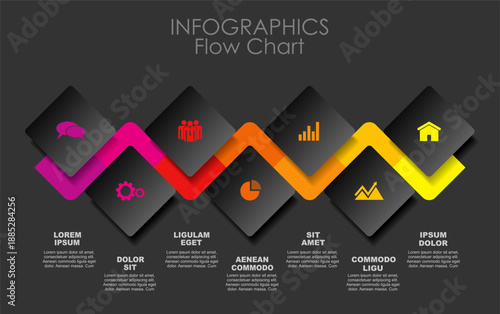 Modern zigzag infographic template with sections, icons, and color-coded steps for business processes or project timelines. Vector illustration.