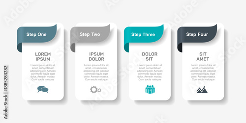 Infographic with icons, headings, and text blocks in colorful layered design for business, presentation, or data visualization. Vector illustration.