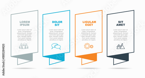 Colorful 4-step infographic with vertical labels, icons, and placeholder text, ideal for business processes, presentations, or project timelines. Vector illustration.