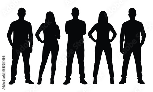 Silhouette of a diverse group of five young adults standing together, two women and three men, a
