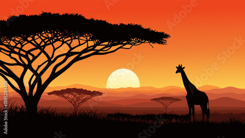 African savanna sunset vector illustration with acacia trees and a giraffe silhouetted against the sun