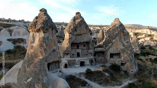 Ancient Cave Dwellings in Cappadocia Landscape Aerial View - Unique Rock Formations