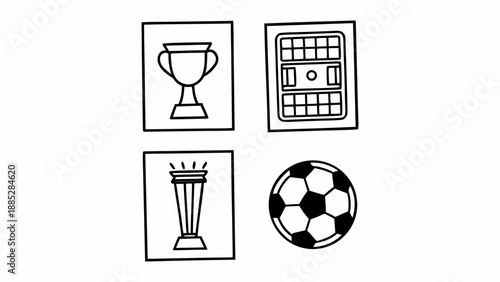 Line art collection of sports and achievement icons, showcasing championship trophies, a soccer field, and a football. Ideal for athletic events, competition, and victory themes
