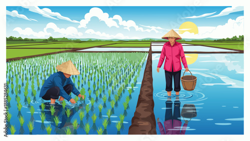 Vibrant vector illustration of farmers tending to rice paddies under a bright sun, showcasing traditional agricultural life in a rural landscape