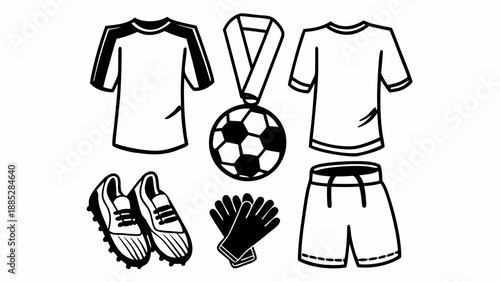 Collection of Soccer Jersey, Medal, Ball, Cleats, and Gloves Illustration
