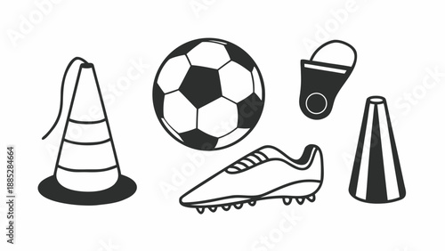 Football training equipment laid out on a field, viewed from directly above, including cones, ball, cleat, and whistle.