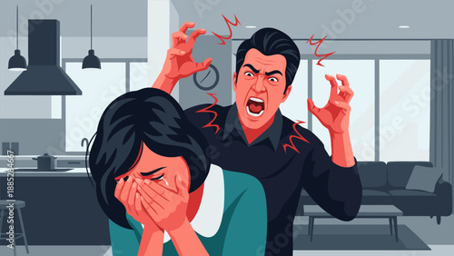 Domestic dispute vector illustration depicting an angry man shouting at a crying woman in an indoor setting, family conflict concept