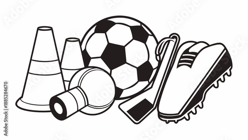 A collection of sports equipment including soccer ball, cones, and cleats laid out.