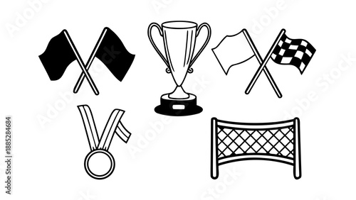 Assorted sports icons including trophy, medals, and racing flags, illustrated in black and white line art.