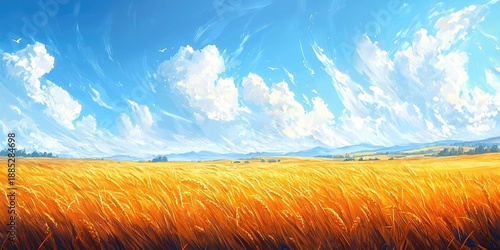 Golden wheat field stretches under bright blue sky with white clouds. Distant hills and trees mark the horizon. Generative by AI.