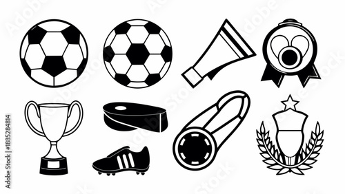 Collection of sports icons including soccer balls, medals, trophies, and athletic gear displayed in a graphic illustration.