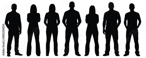 Silhouette of a diverse group of seven people standing together, including men and women