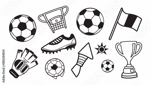 Collection of soccer-themed icons featuring balls, trophies, and equipment arranged in a visually appealing illustration.