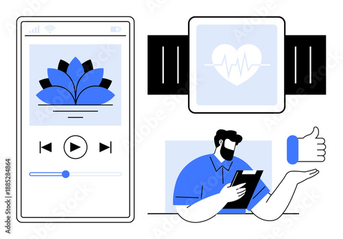 Meditation, fitness tracking, health apps, digital well-being, mindfulness, smart devices. Lotus flower meditation app, heartbeat monitor person using a tablet. Meditation and fitness tracking