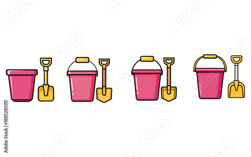 Pink Sand Bucket and Yellow Shovel Beach Toys Vector Icon Set