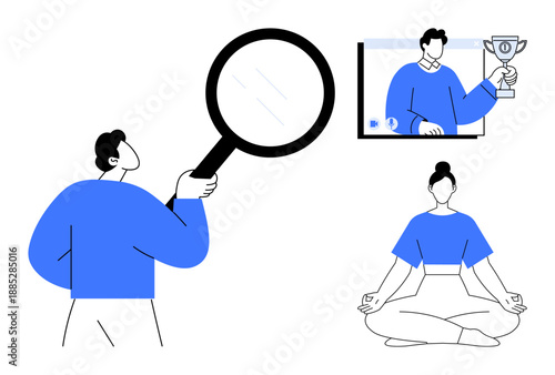 Man holding magnifying glass, woman sitting in meditation pose, and virtual screen with trophy. Ideal for concepts thumbs up self-improvement, mindfulness, achievement, focus, digital transformation