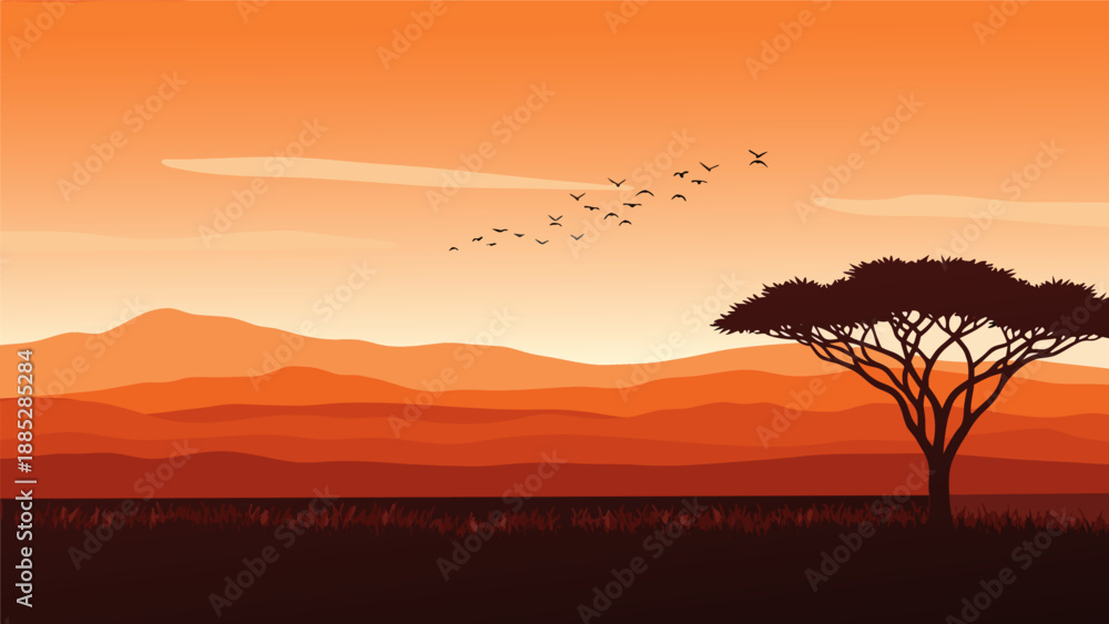 Fototapeta premium African Savannah Sunset Vector Illustration with Silhouette of Acacia Tree and Birds Flying