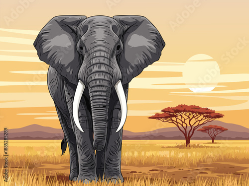 African Elephant Vector Illustration in the Savannah During Sunset, Majestic Wild Animal in its Natural Habitat