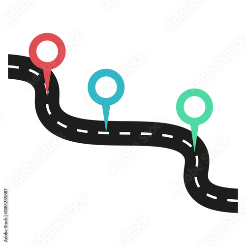 A winding road with three colorful location pins on a white background, symbolizing journey and navigation concepts.