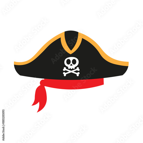 Pirate hat with skull and crossbones, black with gold trim and red bandana, cartoon illustration, pirate costume accessory