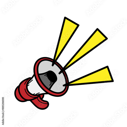 A cartoon megaphone with yellow sound waves on a white background, symbolizing announcement and communication in a playful style.