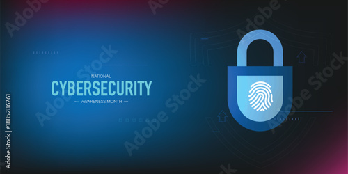 National Cybersecurity Awareness Month. Cybersecurity with finger, Shield and padlock. Great for cards, banners, posters, social media and more. 