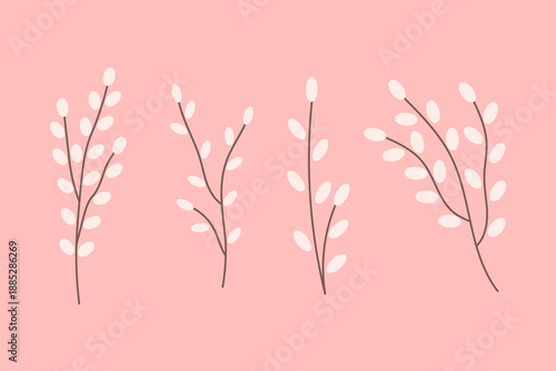 Easter Willow Branches Illustration Set. Spring pussy twigs collection, natural holiday botanical elements, pastel hand drawn artwork, cute flat vector decor design