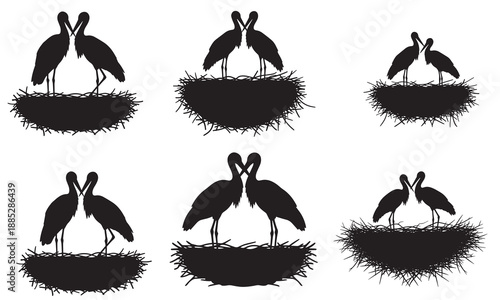 Multiple stork pairs in nests, black silhouettes on white, representing love and family.