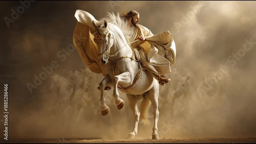 Jesus on White Horse Ascending Cinematic Shot Dramatic Lighting Spiritual Concept