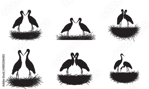 Collection of stork couples in nests, black silhouettes on white, symbolizing love.