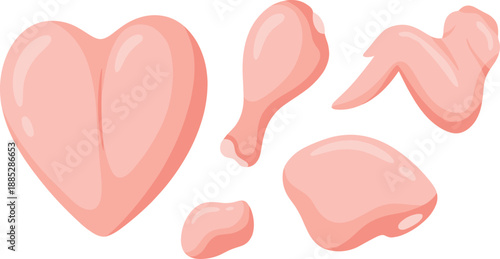 Raw chicken cuts cartoon style, heart drumstick wing fillet nugget, food icon set for culinary use, flat vector illustration
