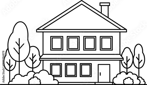 Two-story house line drawing, black and white sketch, architectural illustration, front yard trees, symmetrical design, flat vector illustration