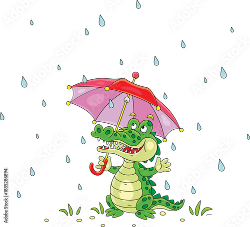 Happy green crocodile watching falling small droplets of a summer rain under a beautiful toy umbrella on a nice rainy day, vector cartoon illustration on a white background