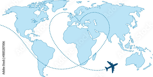 World map with airplane and heart-shaped flight path, global travel and connection theme, tourism concept, flat vector illustration