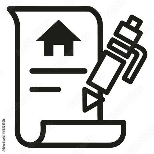 Line icon of a document with a house symbol and a pen signing, representing home ownership and agreements