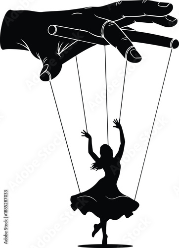 Marionette puppet control concept with human silhouette dancer, power manipulation symbolism, psychological influence, authority dominance illustration isolated background
