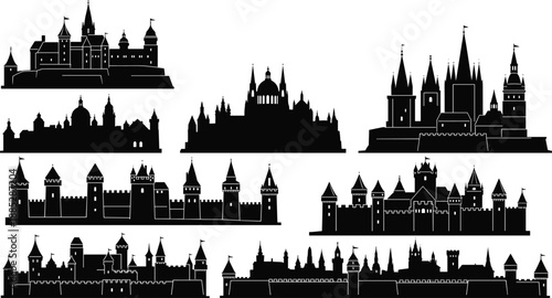 Medieval castle silhouettes set with towers and fortresses, historic architecture skyline collection, fairy tale stronghold silhouettes isolated on white