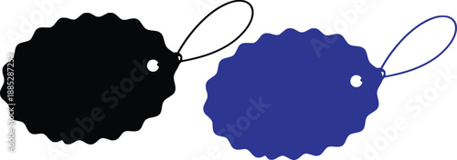 Collection of blank price tags and gift labels in scalloped black and blue designs with strings