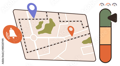 Navigation, geolocation, mobile apps, travel planning, transportation, signal optimization. A map with location pins, notification bell and signal strength bar. Navigation and geolocation concept