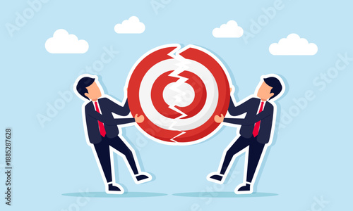 Two businessmen competing over a target board split into two illustrating business competition to achieve goals