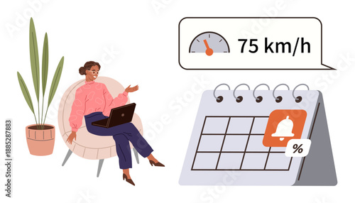 Time management, productivity tools, data analysis, business scheduling, remote work, goal tracking. Woman working with laptop near a calendar and speed monitoring display. Time management