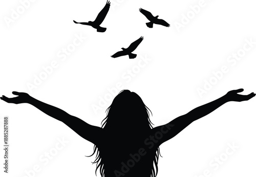 Woman silhouette with open arms and flying birds symbolizing freedom hope spirituality inspiration concept, minimalist black illustration isolated on white background