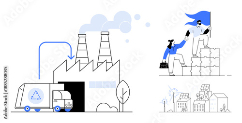 Sustainable development, teamwork, circular economy, renewable energy, green factories, eco-friendly solutions. Recycling truck at a factory, team collaboration. Sustainable development and teamwork