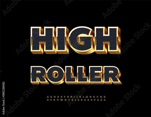 Vector Elite icon High Roller. Awesome 3D Font. Elite Black and Gold Alphabet Letters and Numbers set.