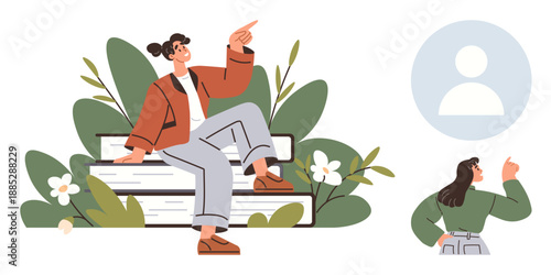 Communication, user profiles, decision-making, individuality, online identity, lifestyle . Woman pointing while sitting on a bench surrounded by foliage. Communication and user profiles concept