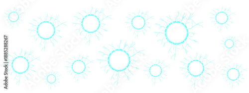 Abstract digital glowing cyan rings with electric lightning sparks and white particles, 8-bit style, isolated on transparent background.